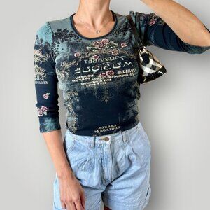 Skinny Minnie Graphic Shirt Embellished Y2K 90s Grunge Romantic Floral Womens S